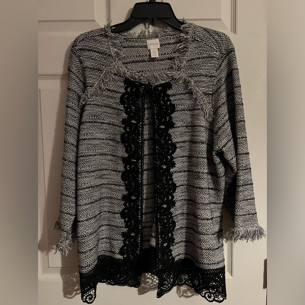 Chico’s tweed open cardigan, size 3X gray, black, NWT